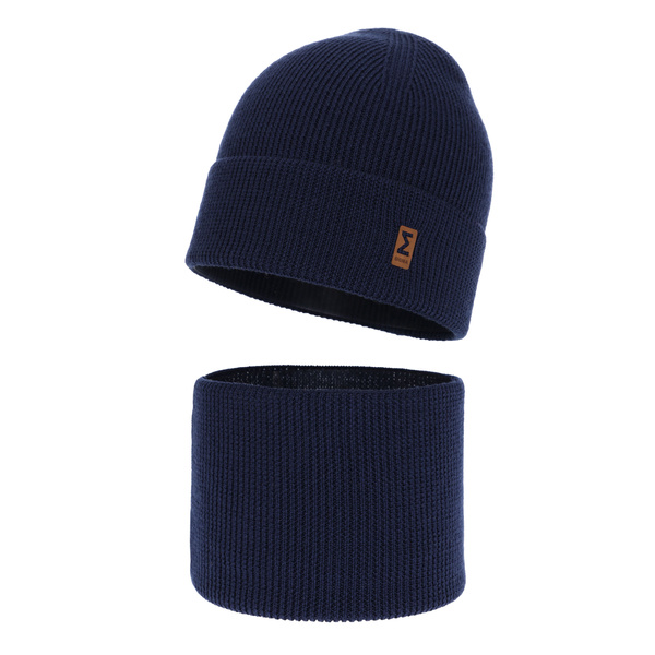 Czapka i komin dla chłopca jesienny, wiosenny komplet, granatowy, 100% wełniany merino Bruce