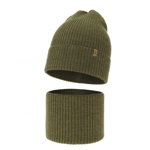 Czapka i komin dla chłopca jesienny, wiosenny komplet, khaki, 100% wełniany merino Lemas