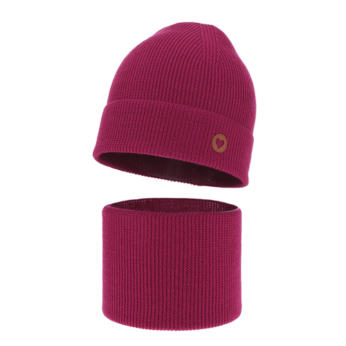 Czapka i komin dla dziewczynki jesienny, wiosenny komplet, amarantowy, 100% wełniana merino Brook