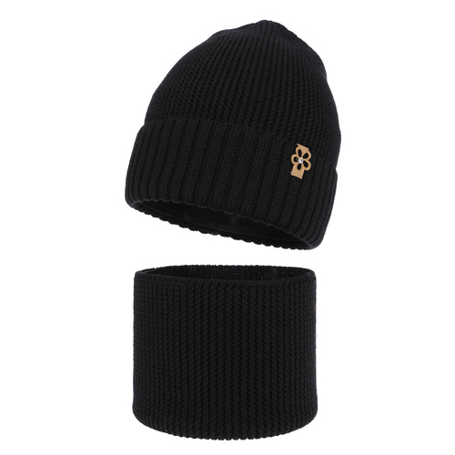 Czapka i komin dla dziewczynki zimowy komplet, czarny, 100% wełniana merino Nelita