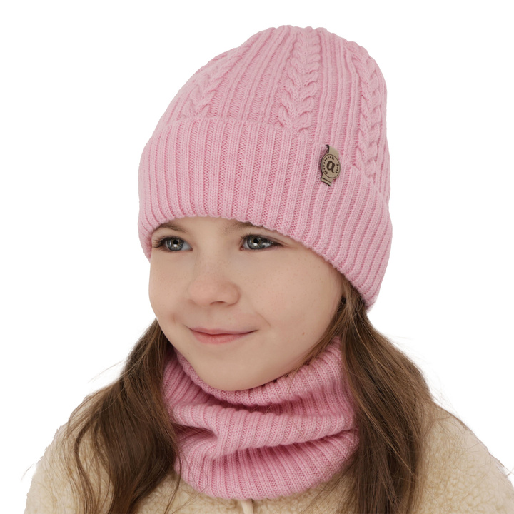 Czapka i komin dla dziewczynki zimowy komplet, różowy, 100% wełniany merino Jenny