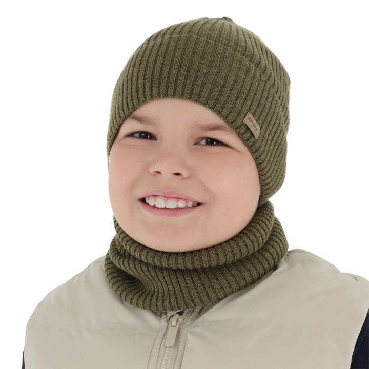 Czapka i komin dla chłopca jesienny, wiosenny komplet, khaki, 100% wełniany merino Intro