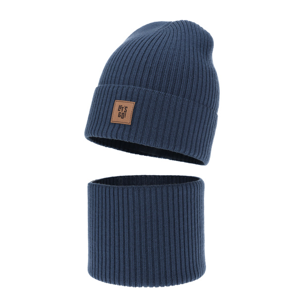 Czapka i komin dla chłopca, jesienny, wiosenny komplet cimnoniebieski 100% wełniany merino Vanto