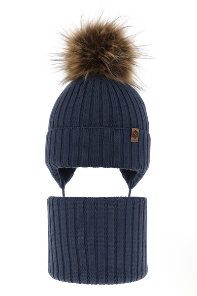 Czapka i komin dla chłopca zimowy komplet, niebieski, wiązany, 100% wełniany merino Juno