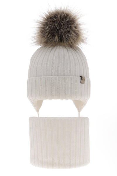 Czapka i komin dla dziewczynki zimowy komplet, biały, 100% wełniana merino, wiązany Junika