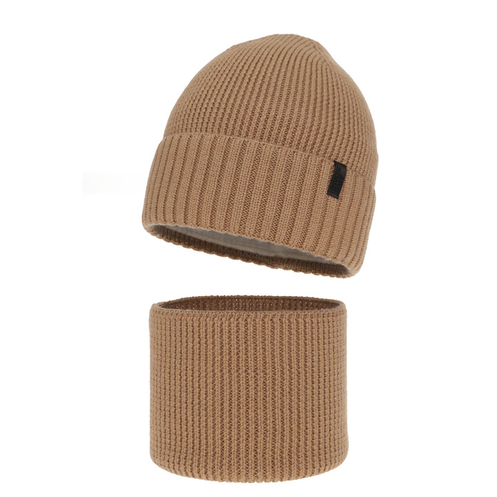 Czapka i komin dla chłopca, zimowy komplet, 100% wełniany merino, z podszyciem z wełny merino, camel Harbin