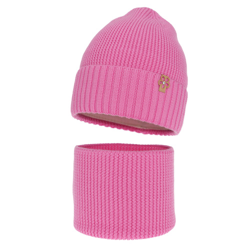 Czapka i komin dla dziewczynki zimowy komplet, różowy, 100% wełniany merino Nelita