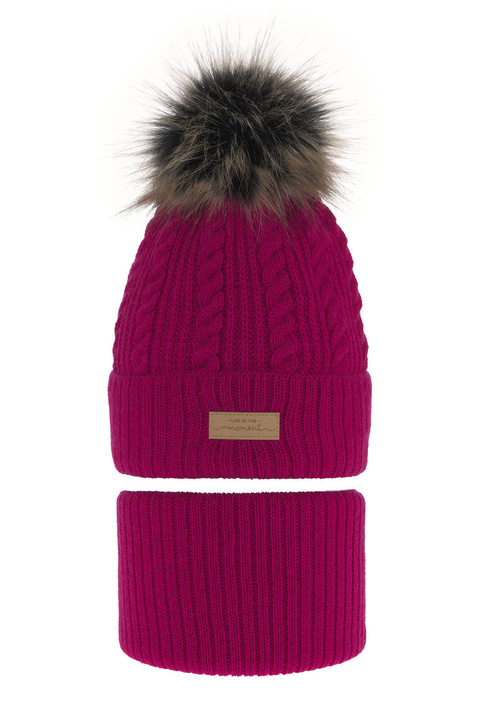 Czapka i komin dla dziewczynki zimowy komplet, różowy, z pomponem Alika