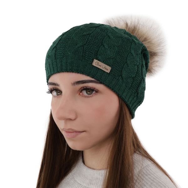 Czapka zimowa damska, zielona, z wełną merino Bafi