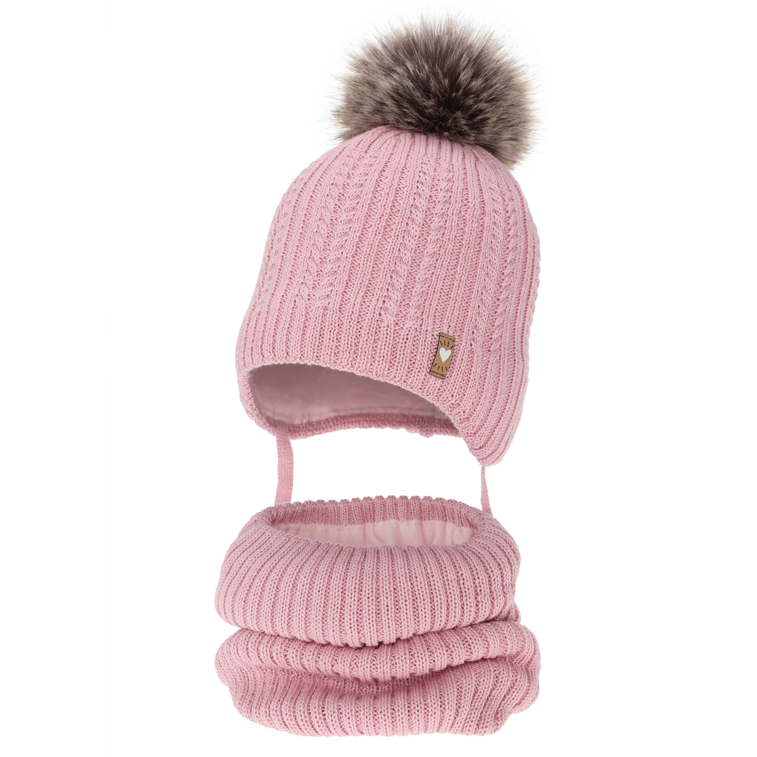 Czapka i komin dla dziewczynki zimowy komplet, różowy, z wełną merino, z pomponem, wiązany Muanda