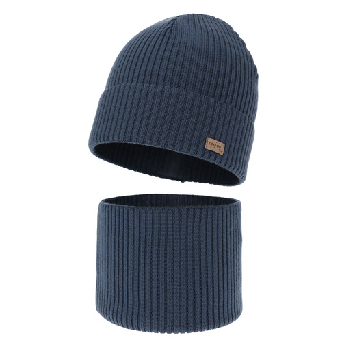 Czapka i komin dla chłopca jesienny, wiosenny komplet, niebieski, 100% wełniany merino Intro