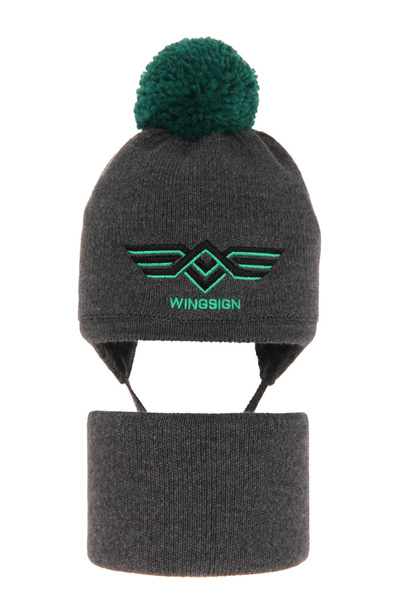 Czapka i komin dla chłopca zimowy komplet, szary, z pomponem, wiązany Wings