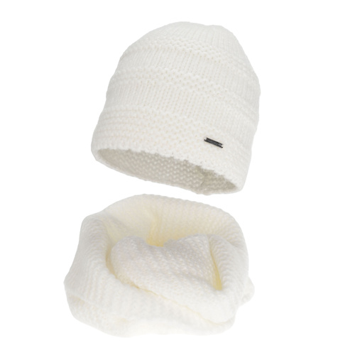 Czapka i szalik komin, zimowy komplet, kremowy, z wełną merino, Driva