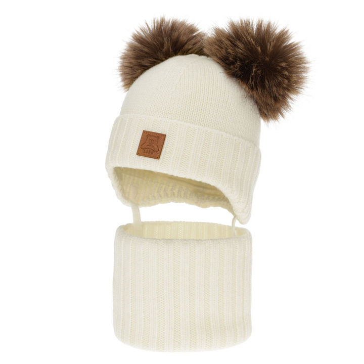 Czapka i komin dla chłopca, zimowy komplet, kremowy, 100% wełniany merino, podszyty polarem wełnianym, Ronik