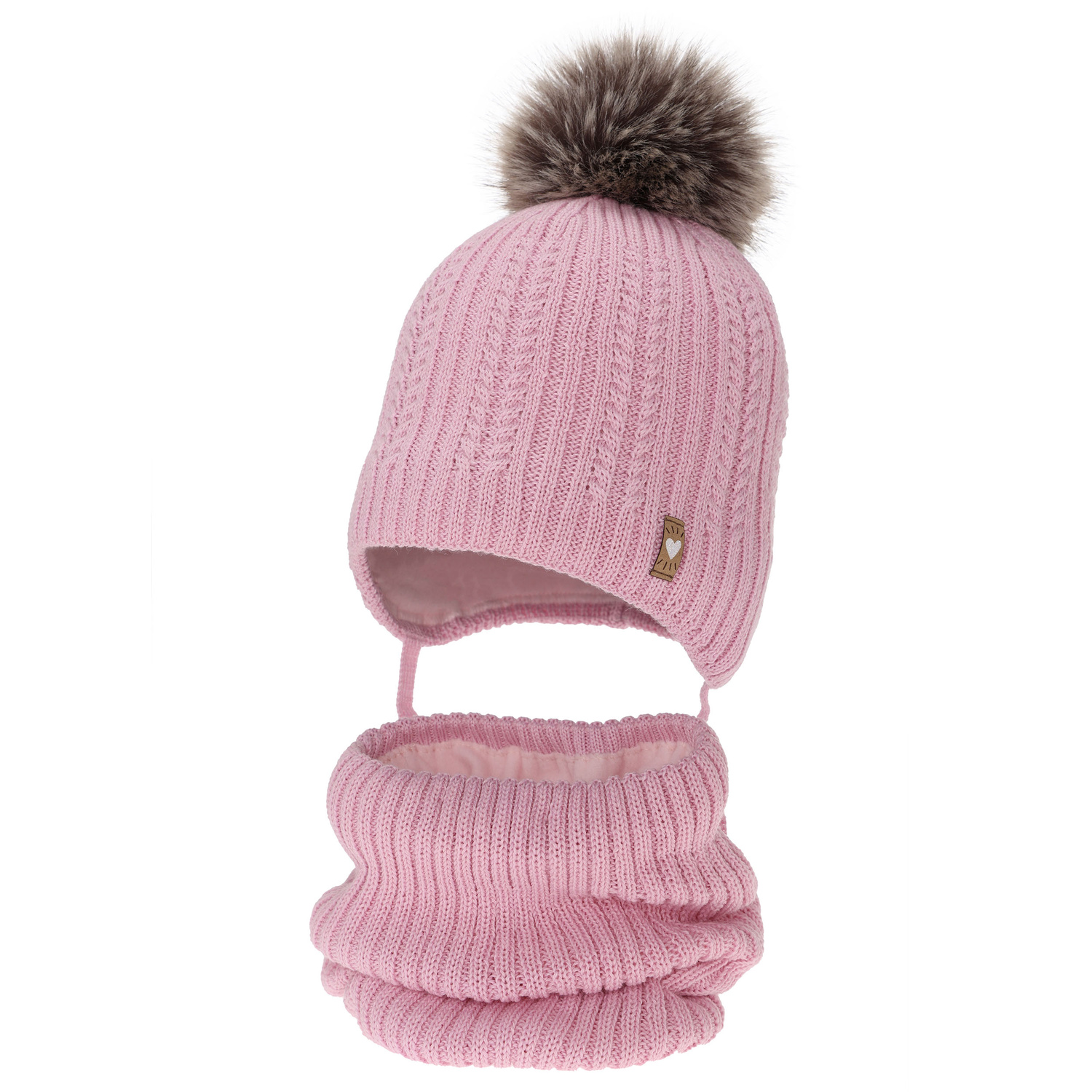 Czapka i komin dla dziewczynki zimowy komplet, różowy, z wełną merino, z pomponem, wiązany Muanda