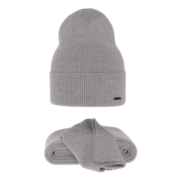 Czapka i szalik damski, zimowy komplet, szary, 100% wełniany merino Melpomena