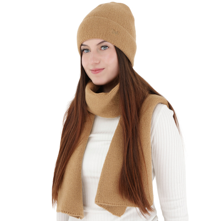 Czapka i szalik damski, zimowy komplet, camel, Rava
