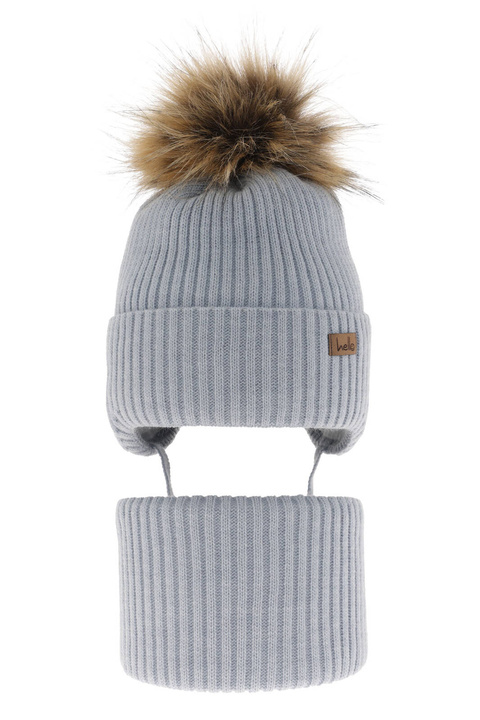 Czapka i komin dla chłopca zimowy komplet, jasnoniebieski, z pomponem Bergo