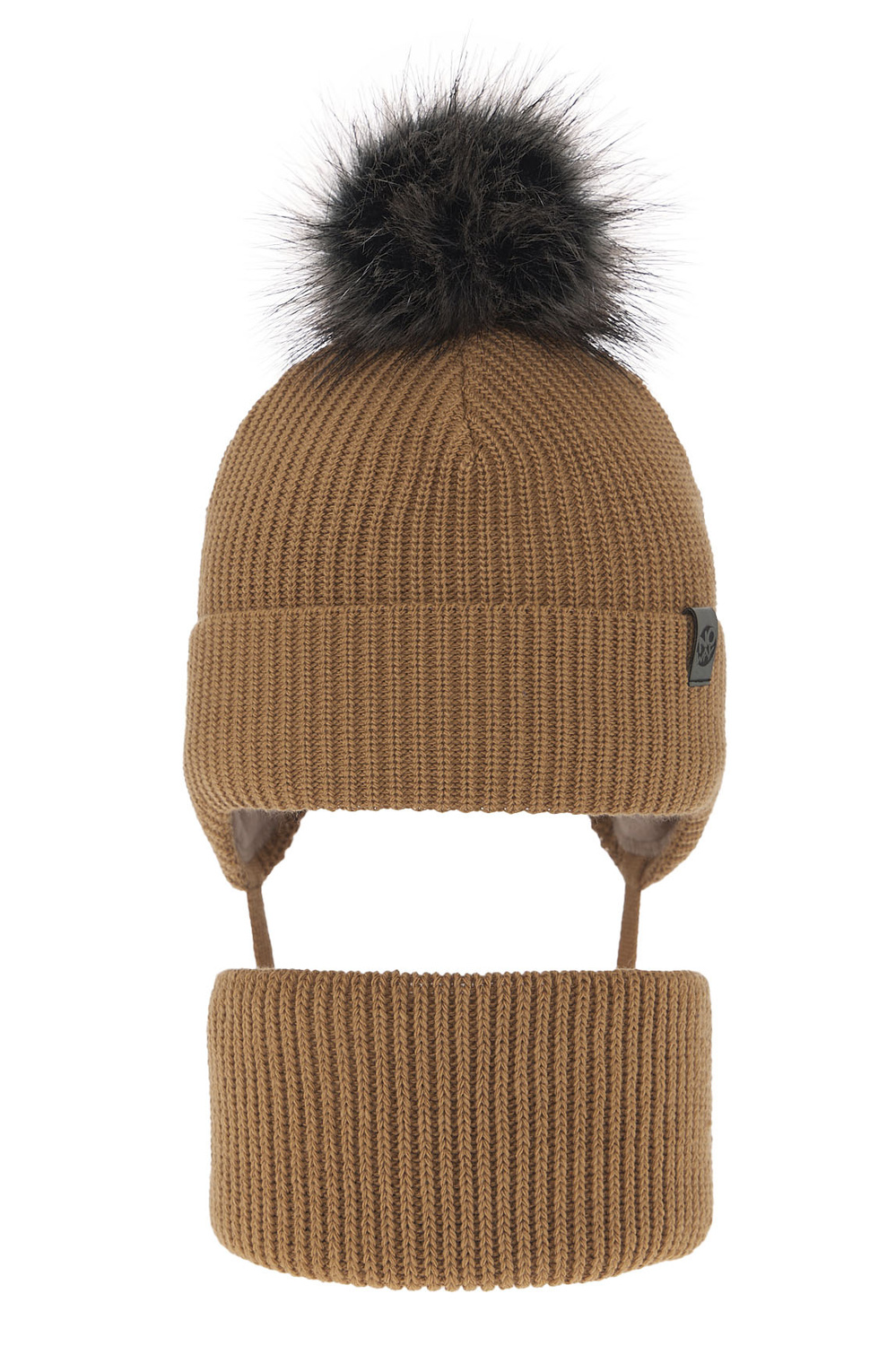 Czapka i komin dla chłopca zimowy komplet, camel, z pomponem, wiązany Honed