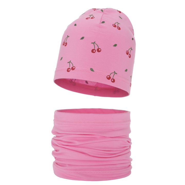 Czapka i komin dla dziewczynki jesienny, wiosenny komplet, różowy, bawełniany Cerise