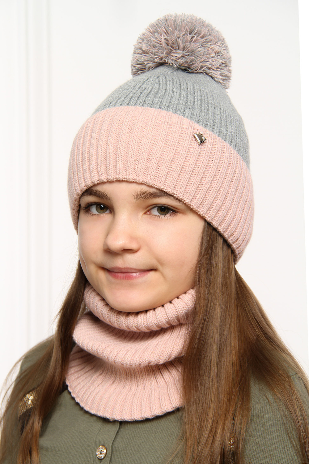 Czapka i komin dla dziewczynki zimowy komplet, beżowy Kolumbina