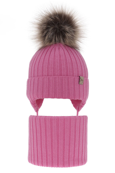 Czapka i komin dla dziewczynki zimowy komplet, różowy, 100% wełniany merino, wiązany Junika