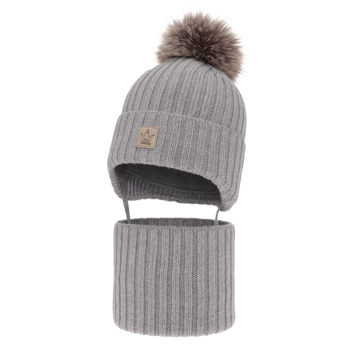 Czapka i komin dla dziewczynki zimowy komplet, szary, 100% wełniany merino, wiązany, podszyty wełnianym polarem Martina