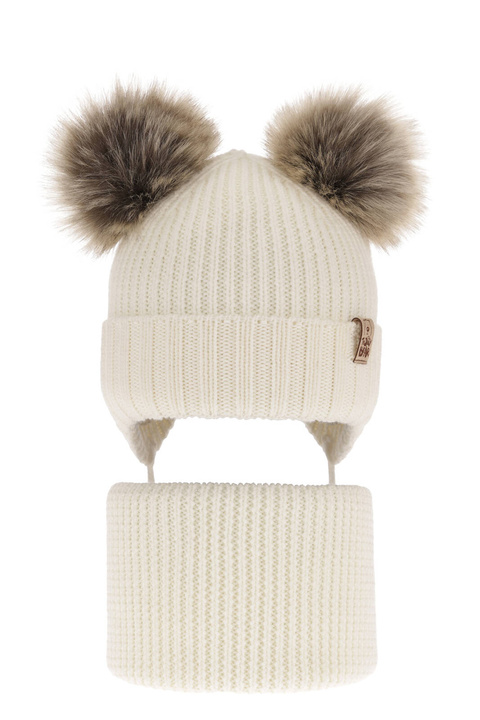 Czapka i komin dla chłopca zimowy komplet, kremowy, wiązany, 100% wełniany merino Konor