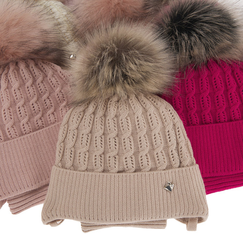 Czapka i komin dla dziewczynki zimowy komplet, różowy, z pomponem Tukana