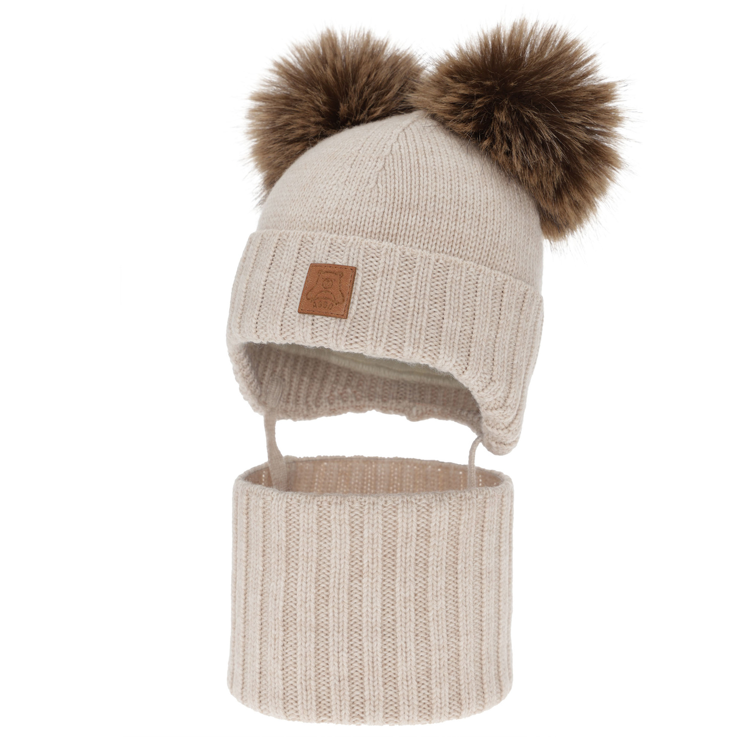 Czapka i komin dla chłopca, zimowy komplet, jasnobeżowy, 100% wełniany merino, podszyty polarem wełnianym, Ronik