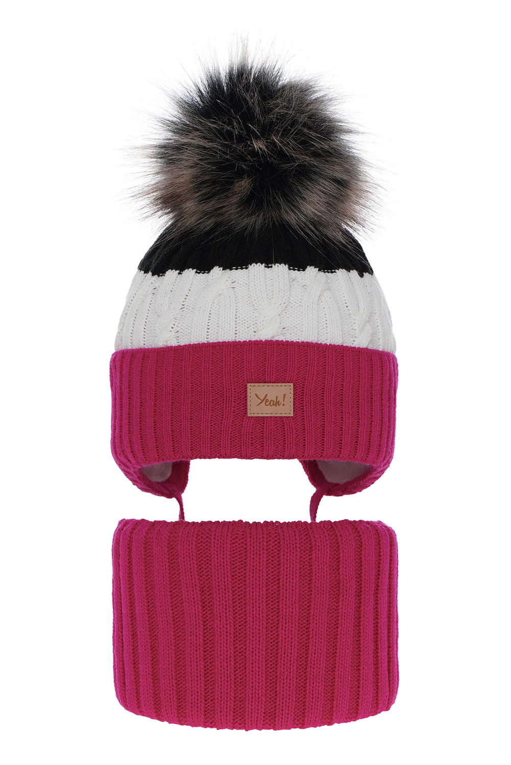 Czapka i komin dla dziewczynki zimowy komplet, różowy, z pomponem Riviera