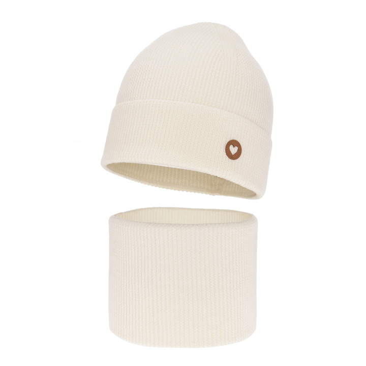 Czapka i komin dla dziewczynki jesienny, wiosenny komplet, kremowy, 100% wełniany merino Brook