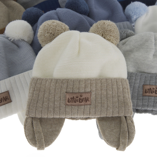 Czapka jesienna, wiosenna dla chłopca, błękitna, z dwoma pomponami, wiązana, Gigant