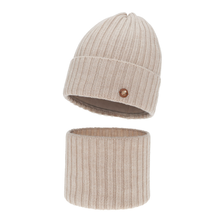 Czapka i komin dla dziewczynki zimowy komplet, beżowy, 100% wełniany merino, podszyty bawełną Vanira