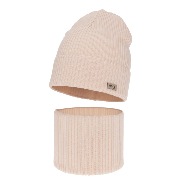 Czapka i komin dla dziewczynki jesienny, wiosenny komplet, jasnoróżowy, 100% wełniany merino Itra