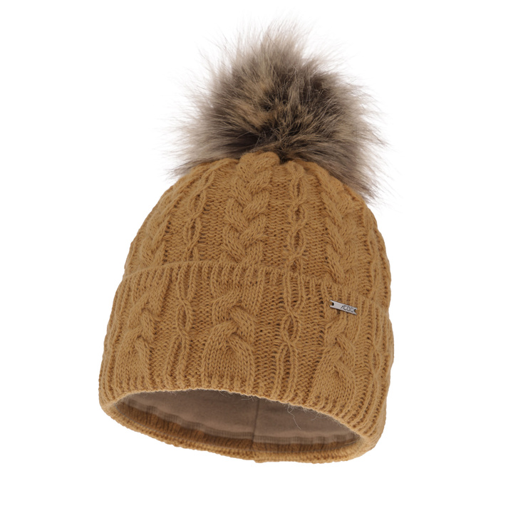 Czapka zimowa damska, camel, z pomponem Omega