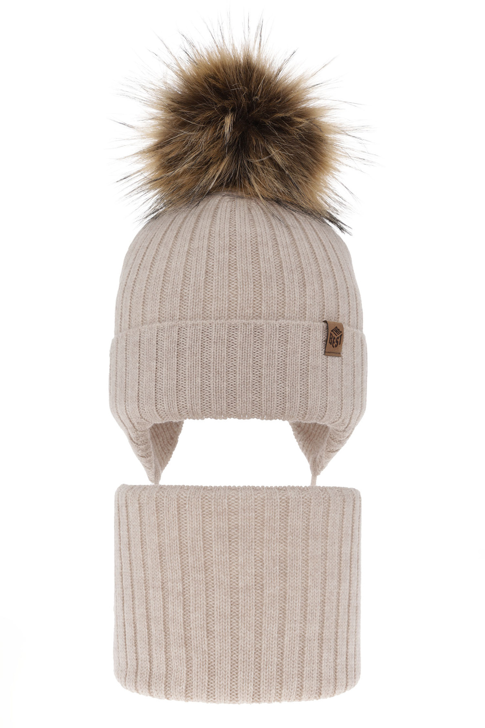 Czapka i komin dla chłopca zimowy komplet, beżowy, 100% wełniany merino, wiązany Juno