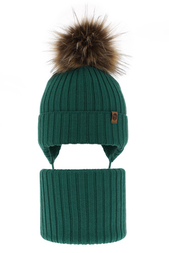 Czapka i komin dla chłopca zimowy komplet, zielony, 100% wełniany merino, wiązany Juno