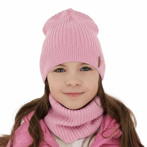 Czapka i komin dla dziewczynki jesienny, wiosenny komplet, różowy, 100% wełniany merino Chelsie