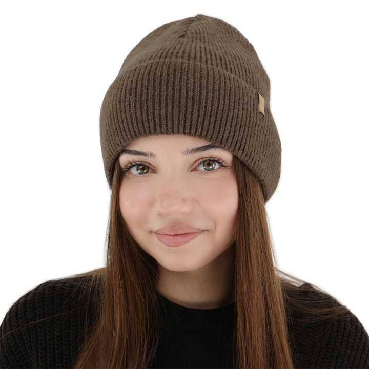 Czapka zimowa damska, brązowa, z wełną merino Tahoe