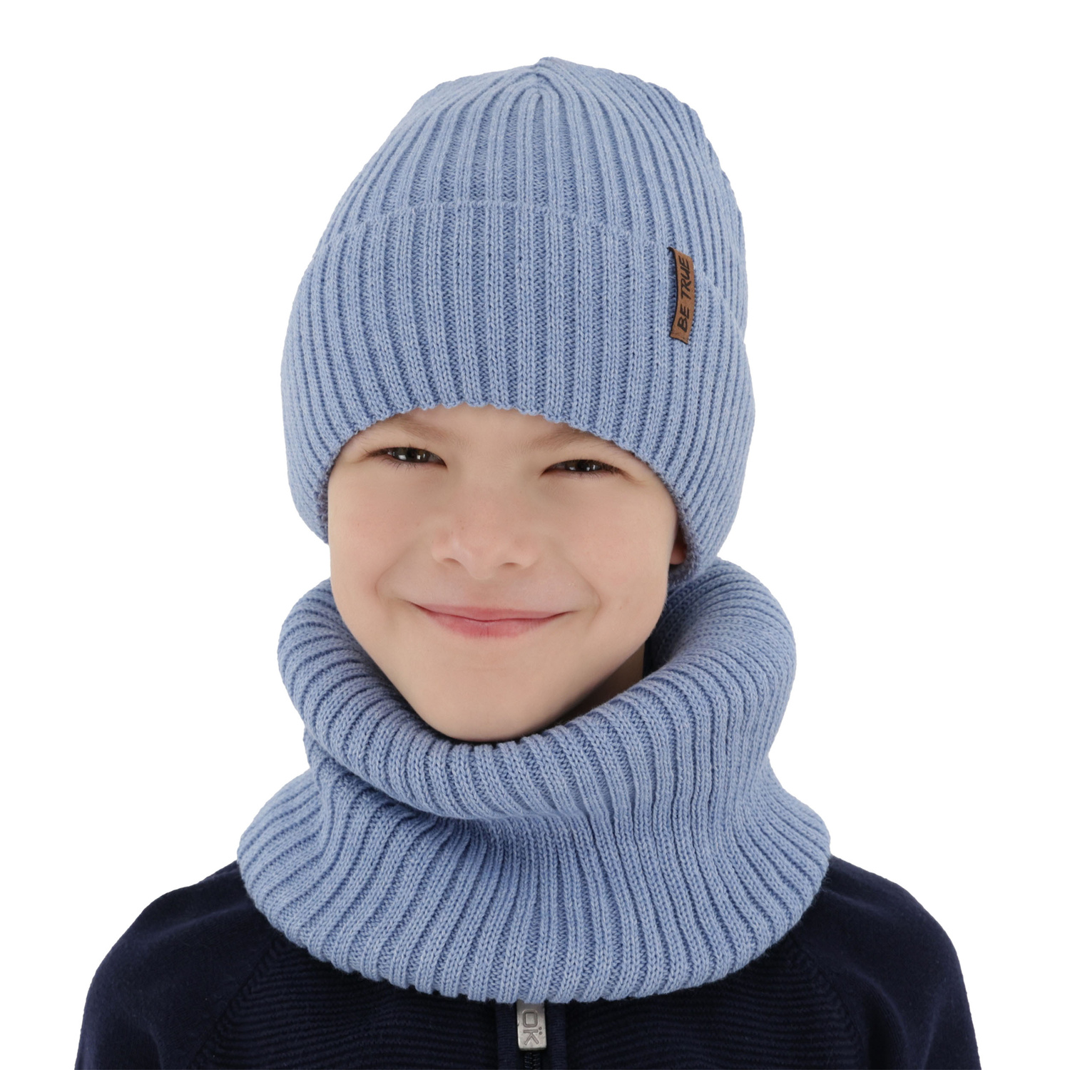Czapka i komin podszyty bawełną dla chłopca zimowy komplet, szary, z wełną merino, Colton