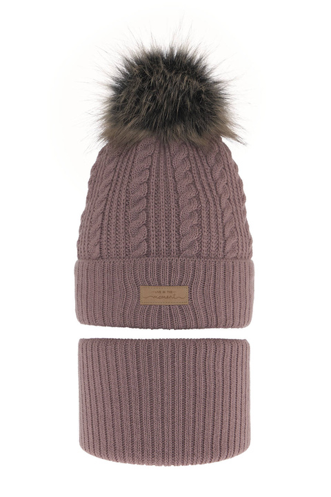 Czapka i komin dla dziewczynki zimowy komplet, wrzosowy, z pomponem Alika
