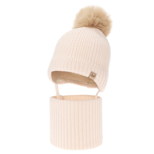 Czapka i komin dla dziewczynki zimowy komplet, jasnoróżowy, 100% wełniany merino, podszyty wełnianym polarem, wiązany Danielle