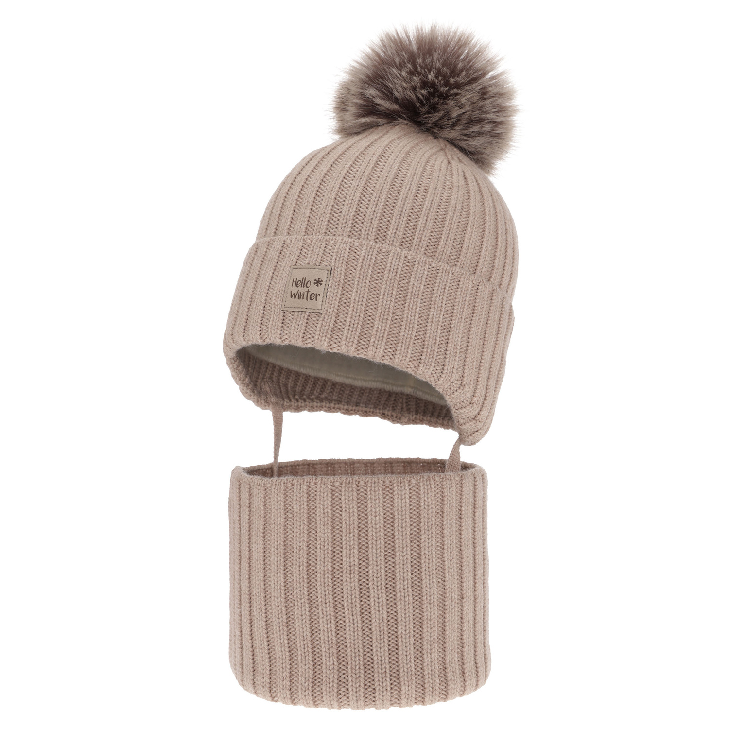 Czapka i komin dla chłopca zimowy komplet, beżowy, 100% wełniany merino, podszyty wełnianym polarem Morti