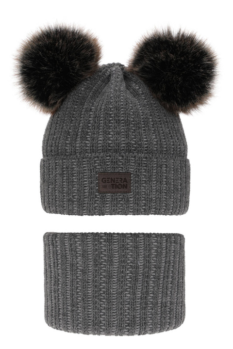 Czapka i komin dla chłopca zimowy komplet, szary, z dwoma pomponami Tokio