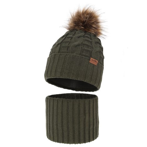 Czapka i komin dla chłopca zimowy komplet, khaki, z pomponem Cent