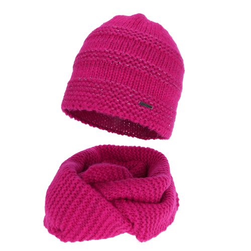 Czapka i szalik komin, zimowy komplet, amarantowy, z wełną merino, Driva