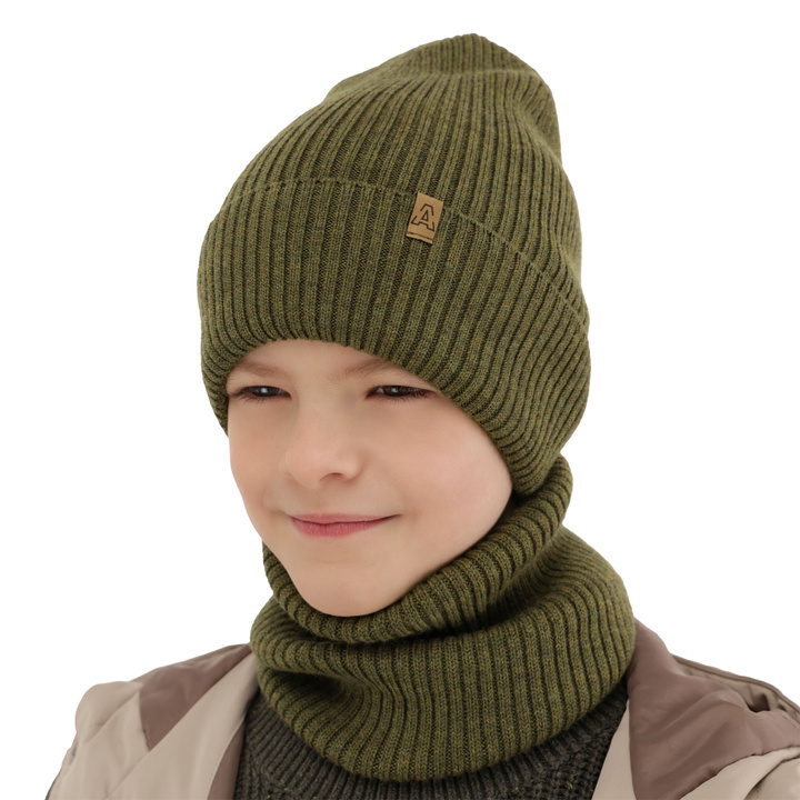 Czapka i komin dla chłopca jesienny, wiosenny komplet, camel, 100% wełniany merino Lemas