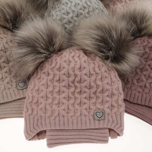 Czapka i komin dla dziewczynki zimowy komplet, różowy, z dwoma pomponami, wiązana Poliana