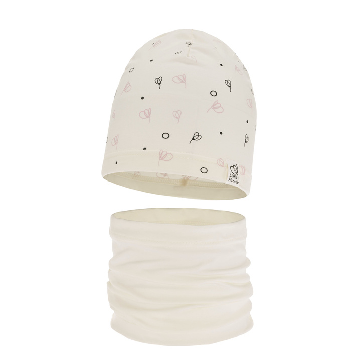 Czapka i komin dla dziewczynki jesienny, wiosenny komplet, kremowy, bawełniany Fiora